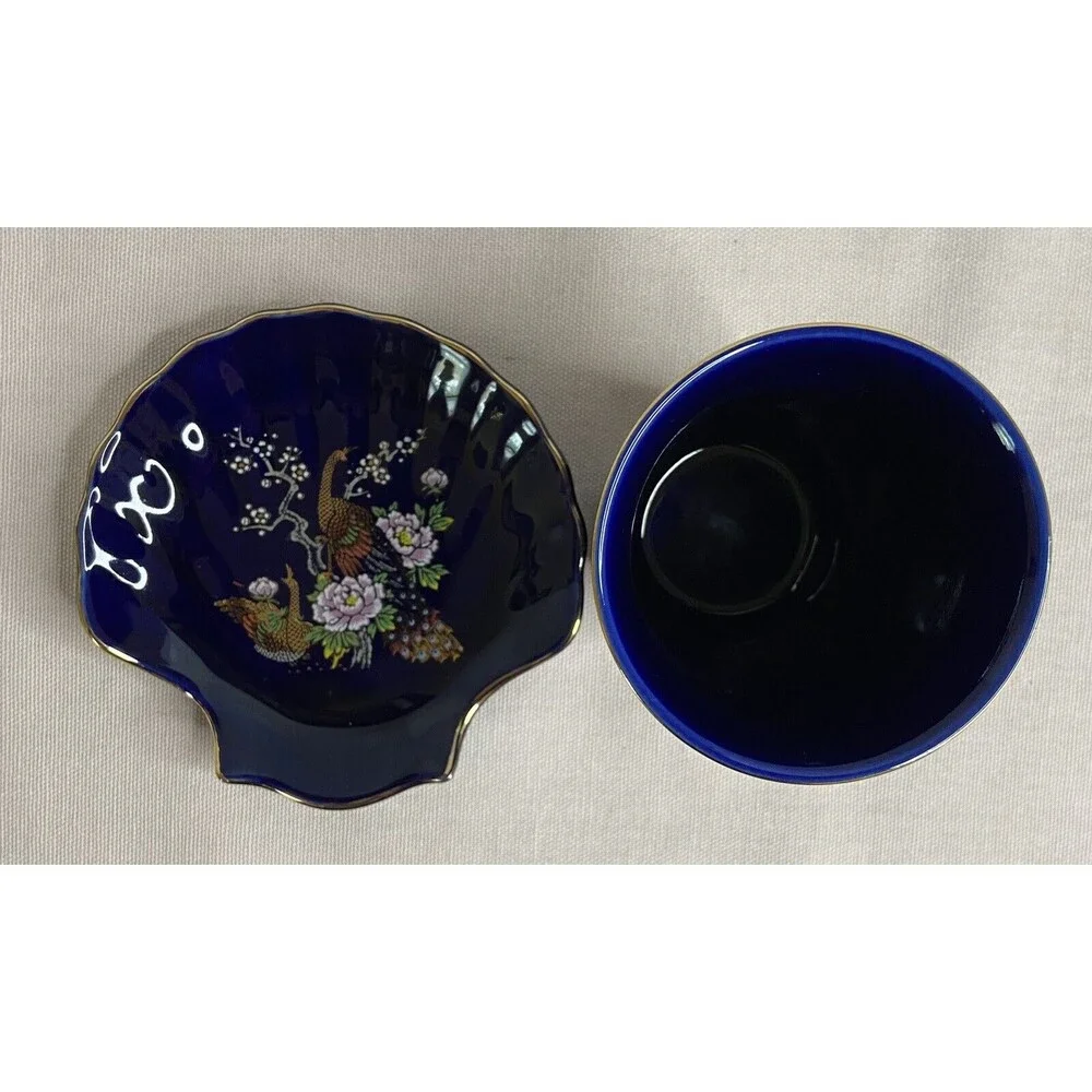 Vintage Japanese Blue Floral Ceramic Bathroom Set Cup and Soap Dish